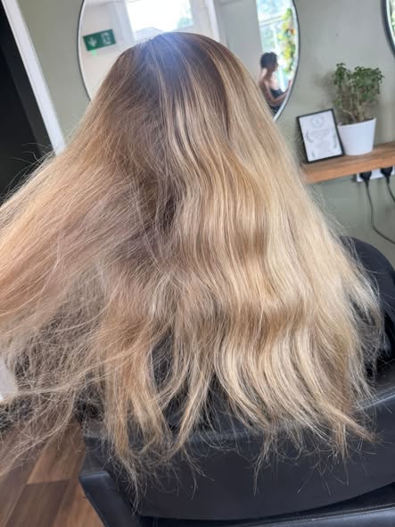 Long warm blonde hair after a salon refresh